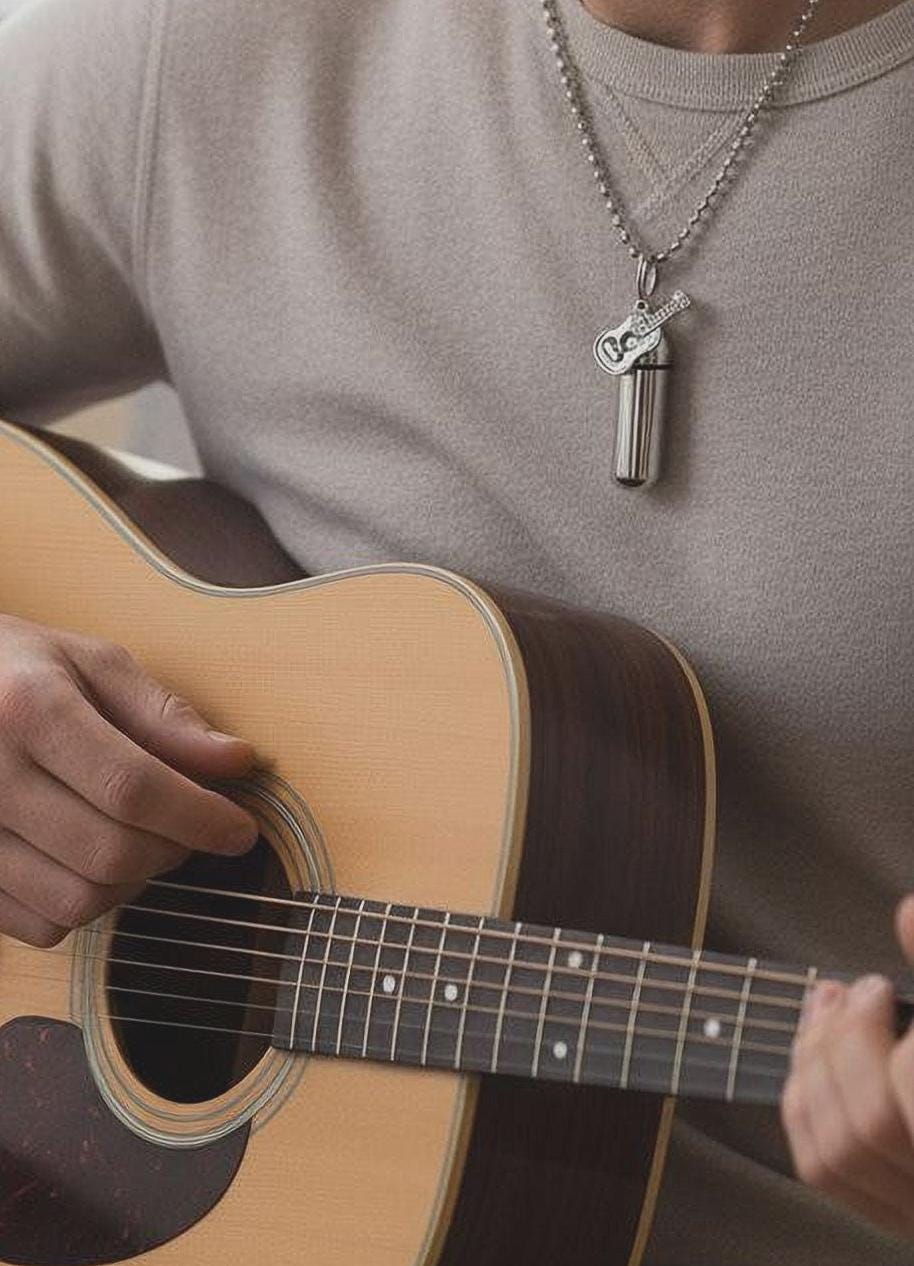 TWO Silver CREMATION URN Necklaces with Acoustic Guitars - Memorial Jewelry, Custom Engravable