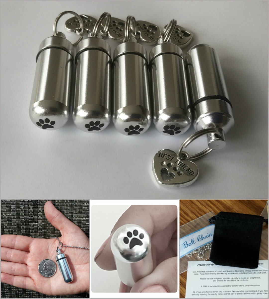 Set of Five Dog/Cat "BEST FRIEND" Cremation Urn Necklaces with Engraved PAWS - Pet Urn, Dog Urn, Cat Urn, Pet Loss, Urn for Pet Ashes