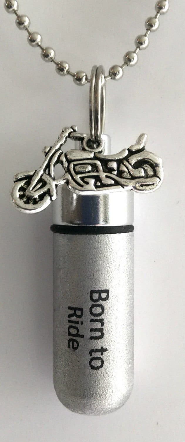 Set of 2 ENGRAVED Brushed Silver Cremation Urn Necklaces "Born To Ride" with Motorcycles - Memorial Keepsake, Urn for Human Ashes, Pet Urn