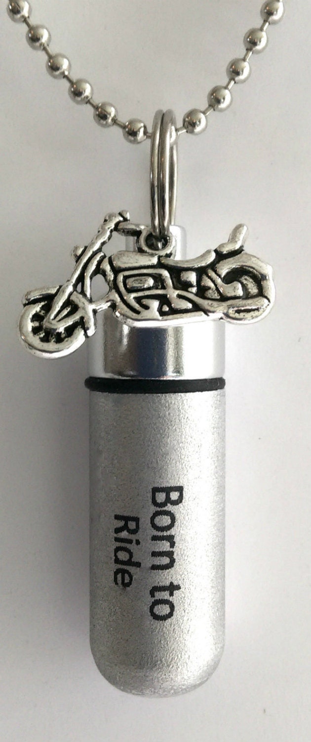 Set of 5 ENGRAVED Brushed Silver Cremation Urn Necklaces "Born To Ride" with Motorcycle - Memorial Jewelry, Urn For Human Ashes, Pet Urn