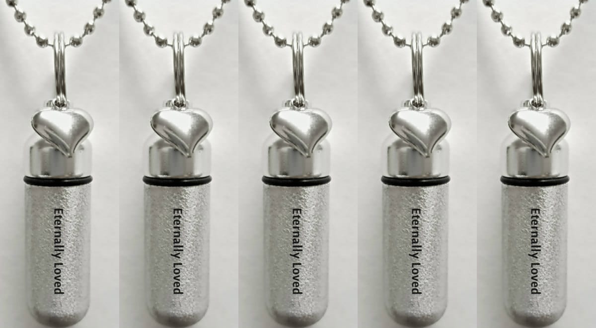Set of 5 ENGRAVED Brushed Silver CREMATION URN Necklaces "Eternally Loved" with Heart charm - Includes Velvet Pouches & Fill-Kit