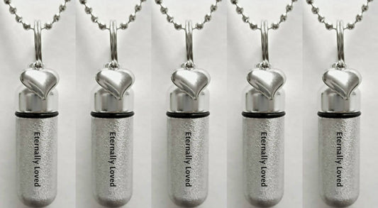 Set of 5 ENGRAVED Brushed Silver CREMATION URN Necklaces "Eternally Loved" with Heart charm - Includes Velvet Pouches & Fill-Kit