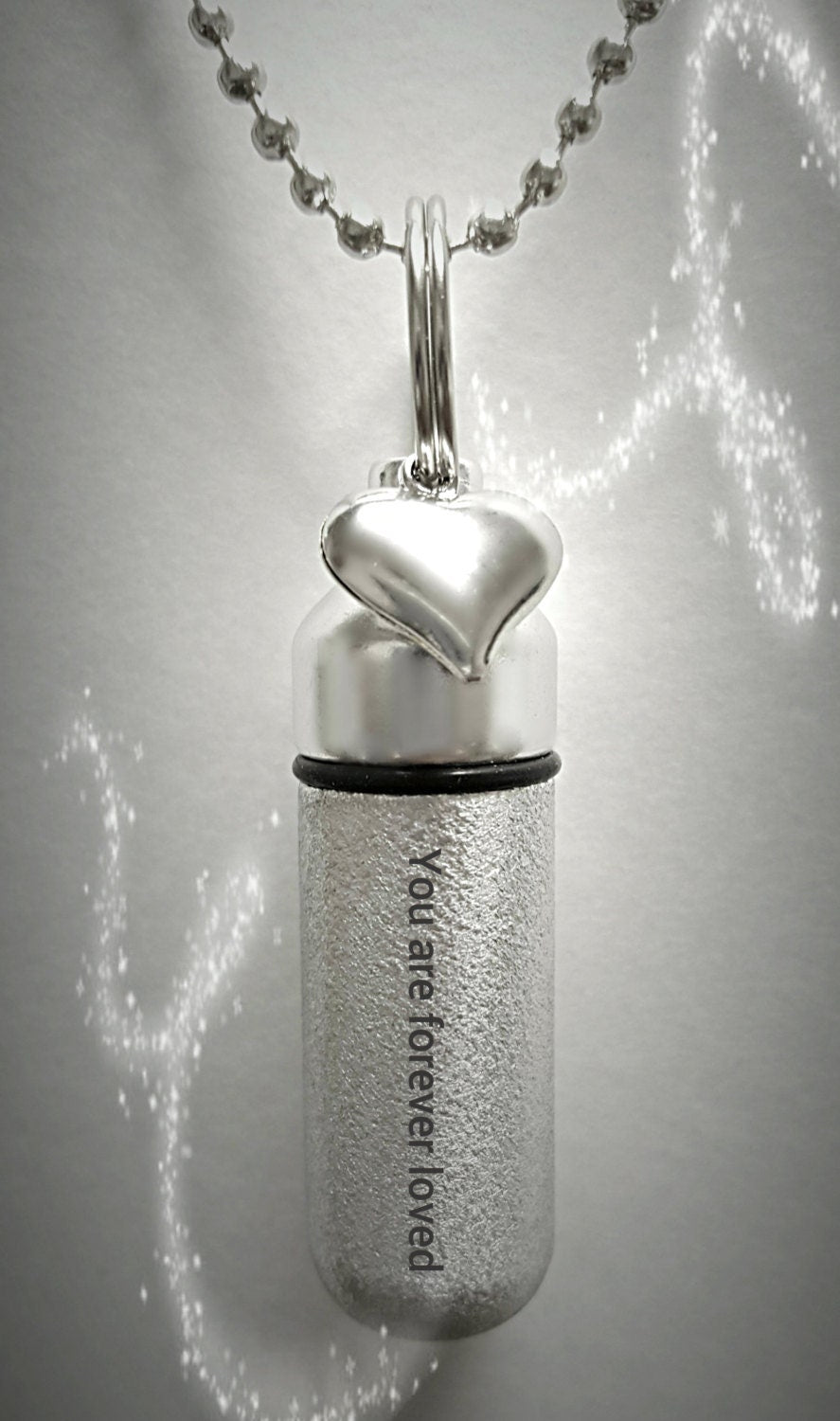 ENGRAVED Brushed Silver CREMATION URN Necklace "You are forever loved" with Heart Charm - Includes Velvet Pouch & Fill-Kit