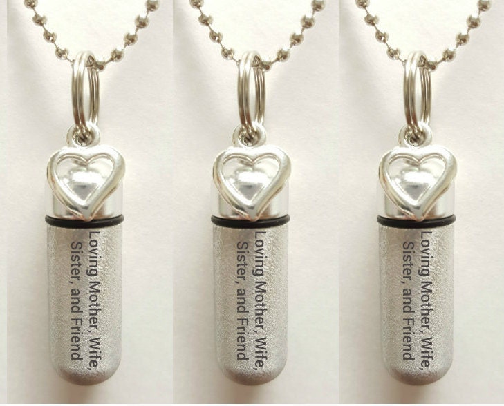 Set of 3 ENGRAVED Brushed Silver CREMATION URN Necklaces "Loving Mother Wife Sister and Friend  - w/Open Hearts,  Velvet Pouches & Fill-Kit
