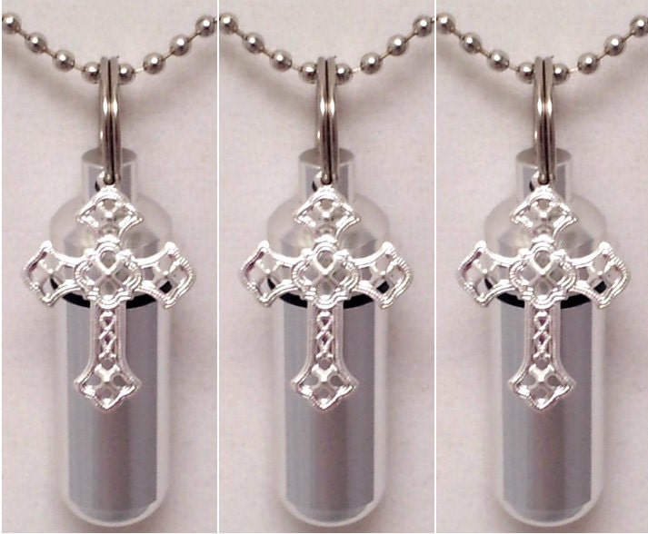 Set of THREE Polished Silver Cross Anointing Oil Holders with 3 Velvet Pouches, 3 Ball Chain Necklaces