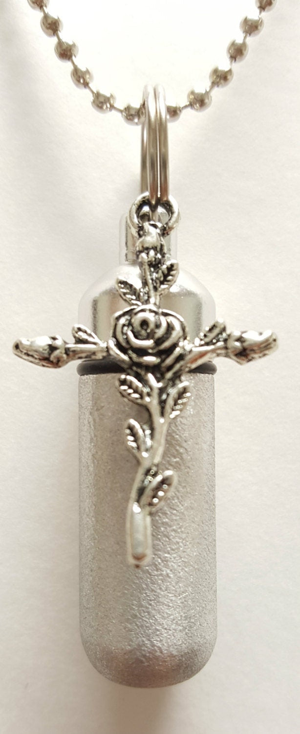 Family Set of FIVE Brushed Silver Anointing Oil Holders with Rose Crosses - Includes 5 Pouches, 5 Ball Chain Necklaces