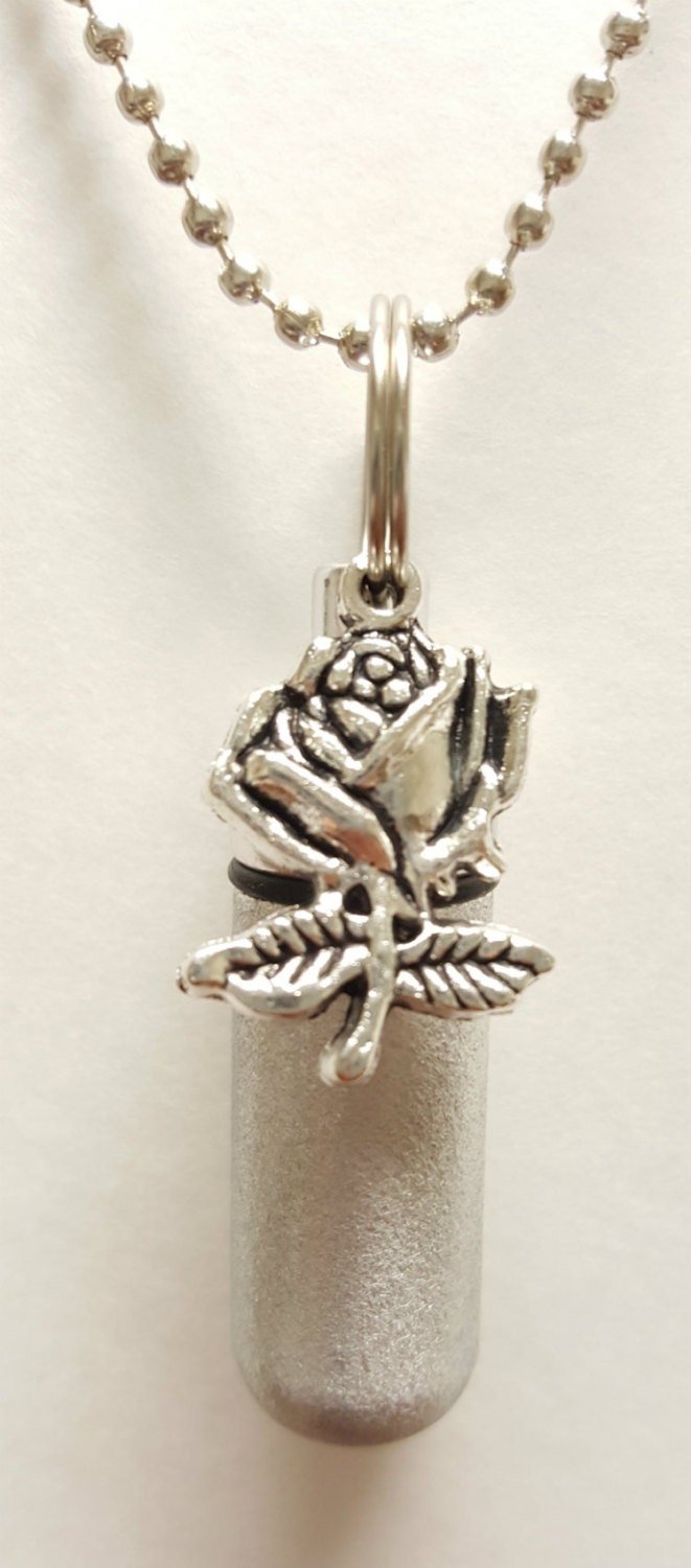 Set of 5 Brushed Silver ROSE ANOINTING OIL Holders with 5 Velvet Pouches, 5 Steel Ball-Chain Necklaces