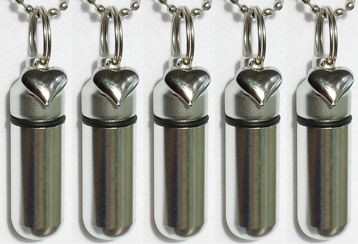Set of FIVE Silver Heart Anointing Oil Holder Necklaces with 5 Velvet Pouches - Custom Engravable