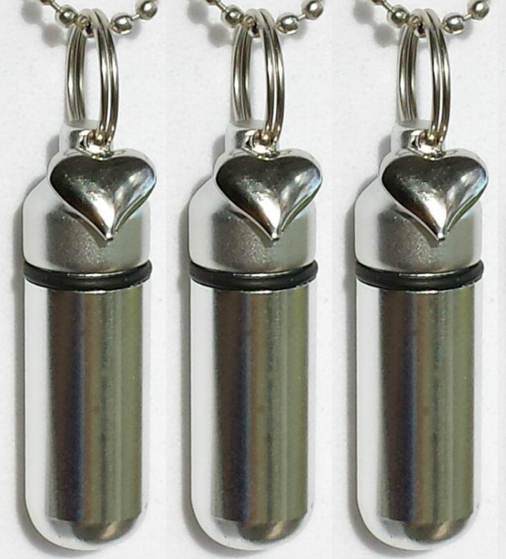 Set of THREE Silver Heart ANOINTING OIL Holders with 3 Velvet Pouches, 3 Steel Ball-Chain Necklaces