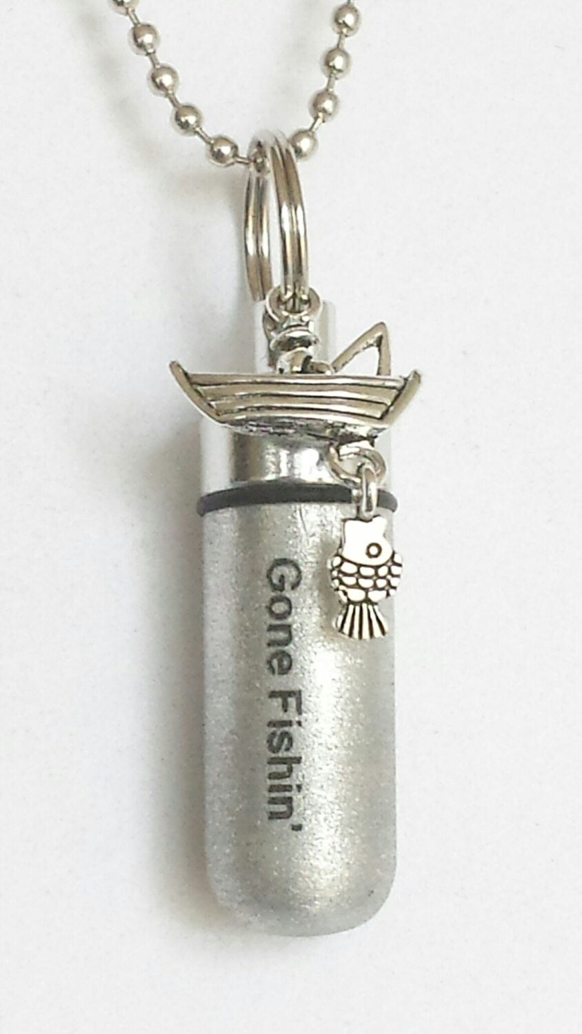 Set Of Three Engraved Brushed Silver "Gone Fishin" CREMATION URN Necklace with Fisherman & Fish - Mourning Jewelry, Urn for Human Ashes