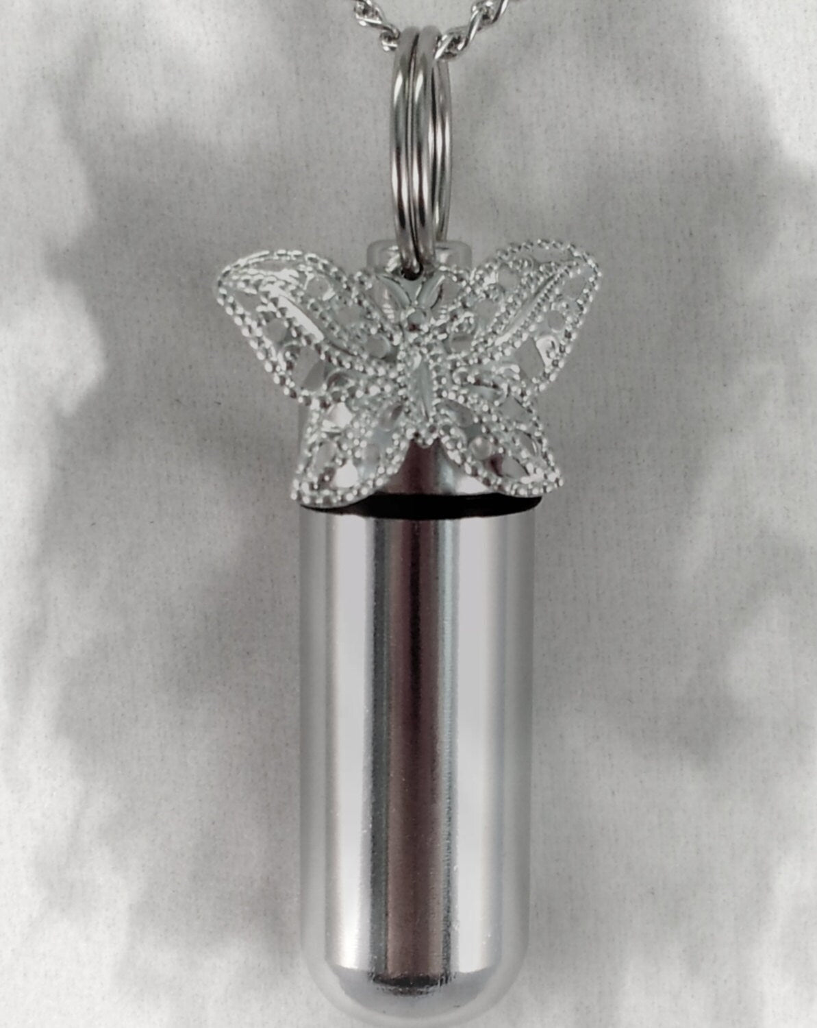 Complete CREMATION URN Set - Lace BUTTERFLY on 24" Ball-Chain Necklace with Velvet Pouch and Fill Kit