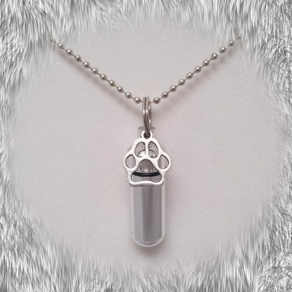 Dog/Cat/Pet Set of 5 Silver Paw CREMATION URN Necklaces with Engraved Paws on Bottom - Includes 5 Pouches, 5 Ball-Chains & Fill Kit