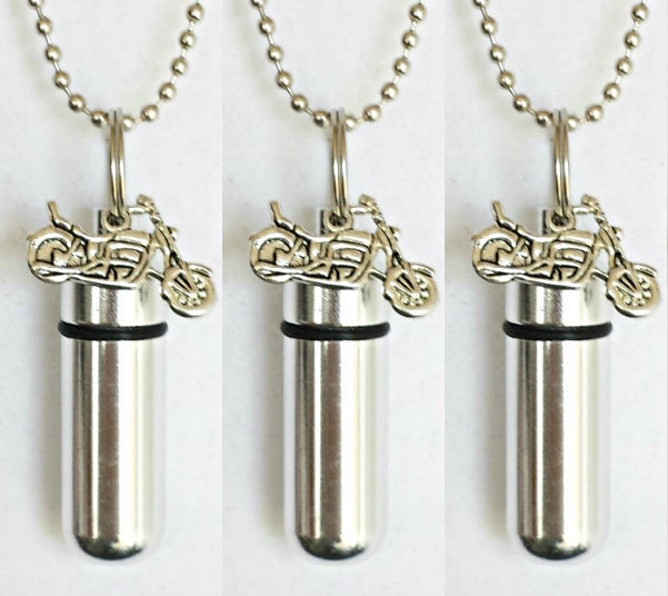 Set of Three Silver MOTORCYCLE CREMATION URN Necklaces with Laser Engraved American Flags - Urn Jewelry, Ashes Necklace, Memorial Keepsake