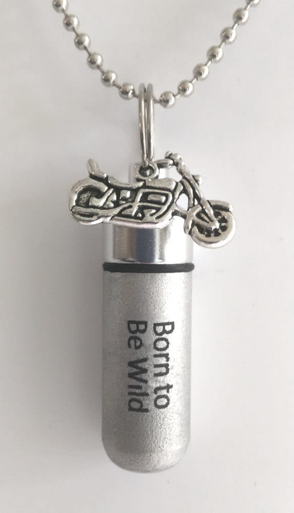 SIX ENGRAVED Brushed Silver Cremation Urn Necklaces "Born To Be Wild" with Silver Motorcycle -Includes Velvet Pouches, Ball-Chains, Fill Kit