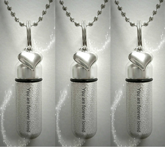 Set of 3 ENGRAVED Brushed Silver CREMATION URN Necklaces "You are forever loved"  with Heart Charm - Includes Velvet Pouches & Fill-Kit