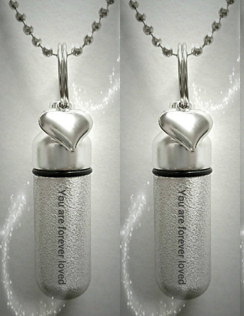 Set of 2 ENGRAVED Brushed Silver CREMATION URN Necklaces "You are forever loved"  with Heart Charm - Includes Velvet Pouches & Fill-Kit