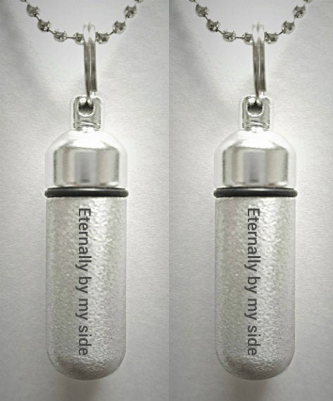 Set of 2 ENGRAVED Brushed Silver CREMATION URN Necklaces "Eternally by my side"  - Includes Velvet Pouches & Fill-Kit