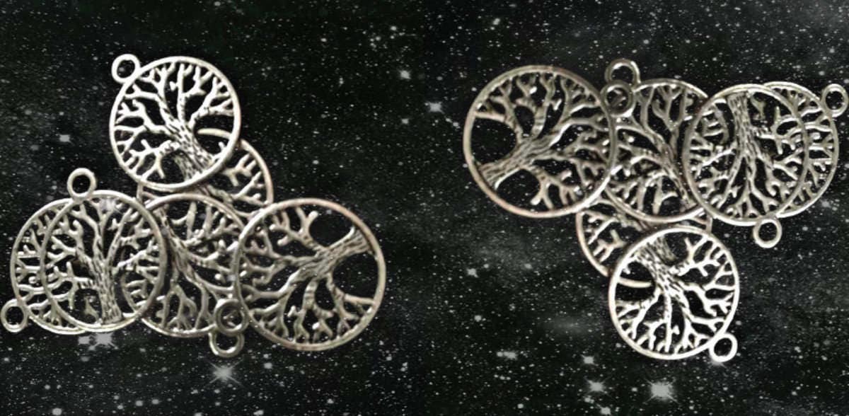 Set of 12 Antique Silver Celtic TREE OF LIFE Charms with Black Velvet Pouch