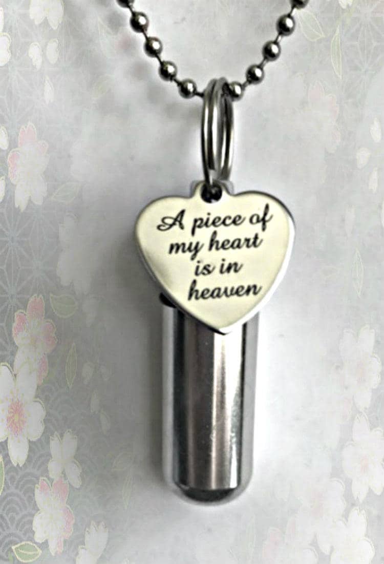 Lovely CREMATION URN NECKLACE Engraved  "A piece of my heart is in heaven" on Stainless Steel Heart Charm - Memorial Keepsake, Ashes Jewelry