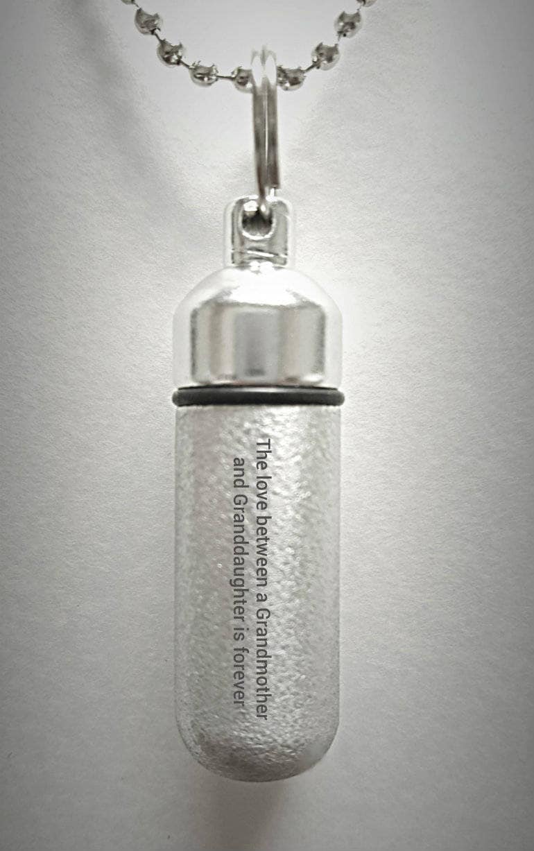 Engraved "The love between a Grandmother and Granddaughter is forever" Brushed Silver CREMATION URN Necklace w/Velvet Pouch and Fill Kit
