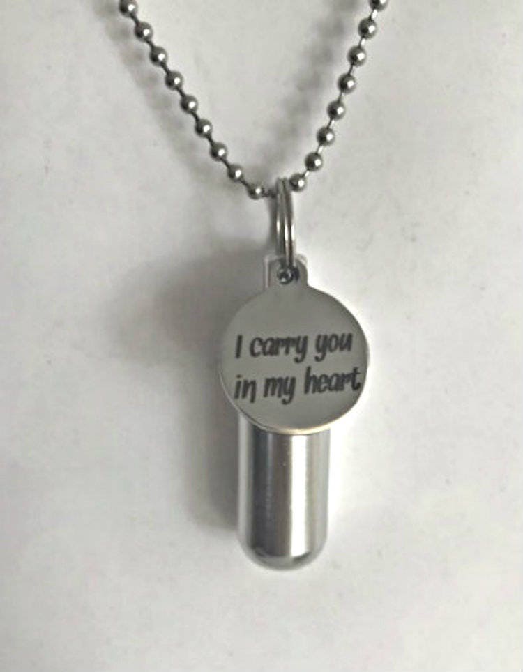 Engraved "I carry you in my heart" - Cremation Urn Necklace - Hand Crafted - with Velvet Pouch and Fill Kit