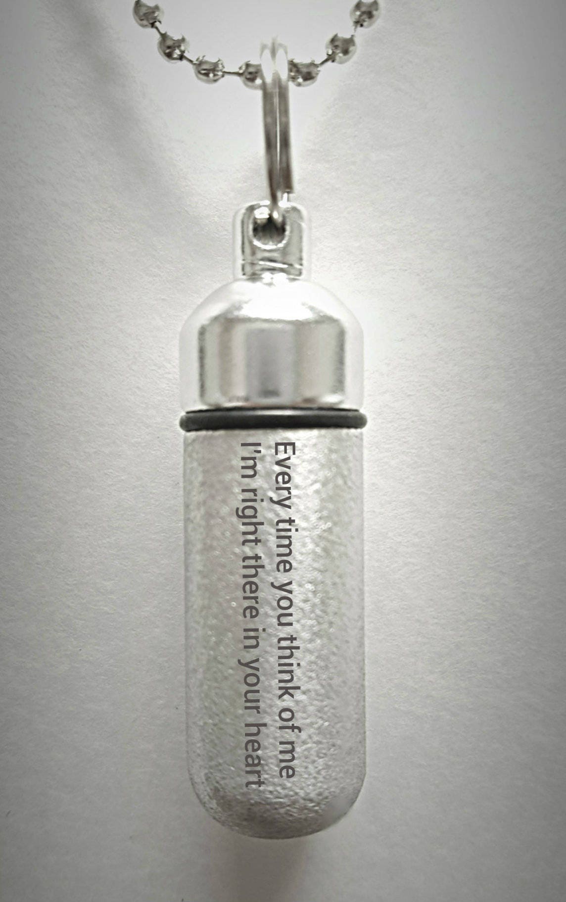 Engraved Brushed Silver CREMATION URN "Every time you think of me I'm right there in your heart" Necklace with Velvet Pouch and Fill Kit