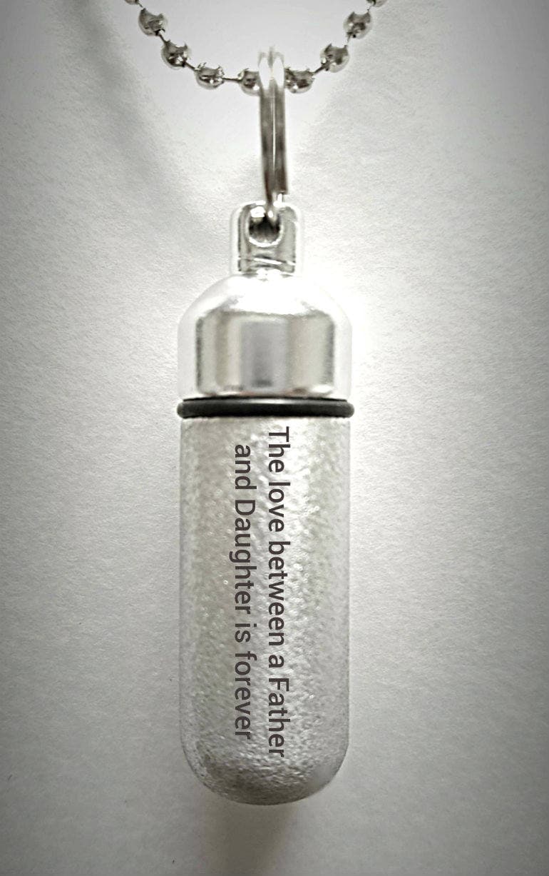 Engraved "The Love Between A Father and Daughter Is Forever" Brushed Silver CREMATION URN Necklace with Velvet Pouch and Fill Kit