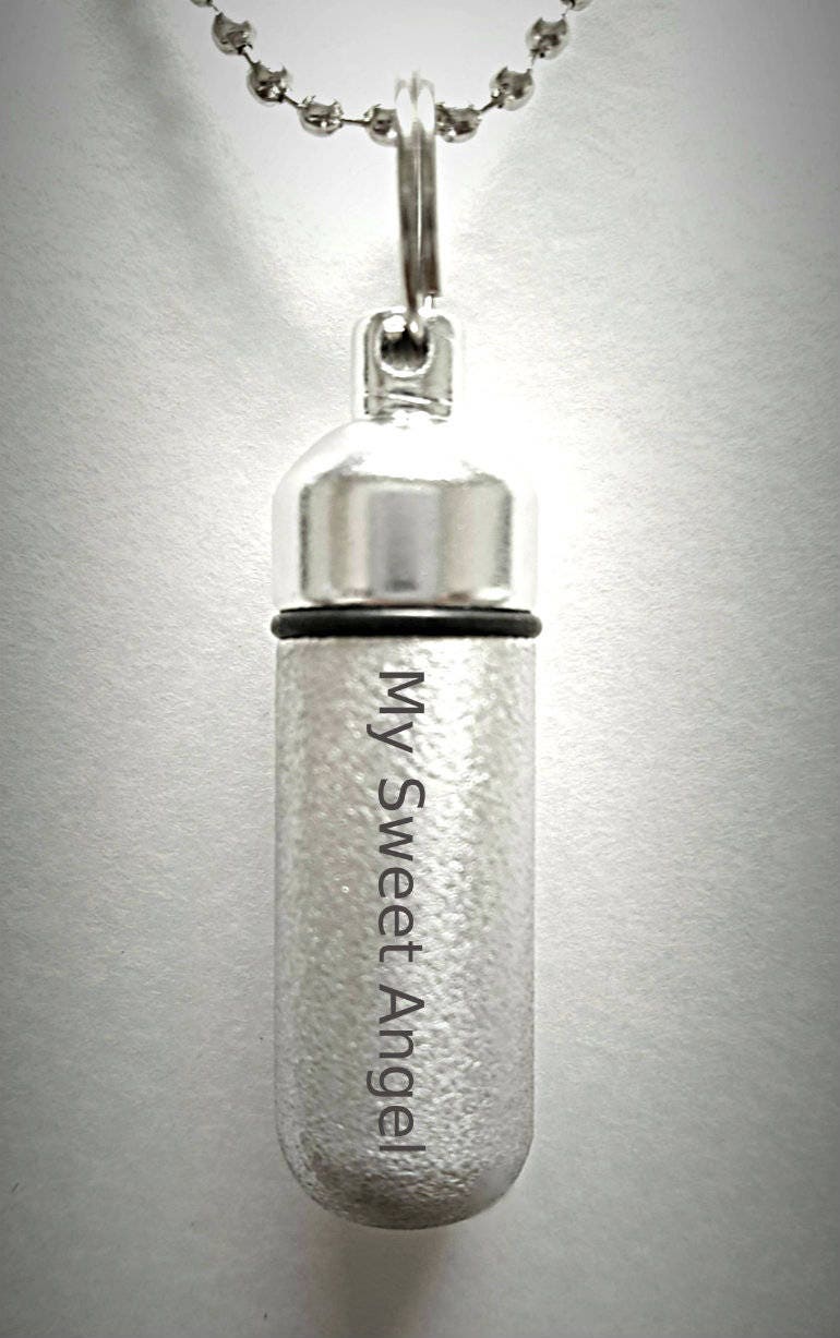 Engraved "My Sweet Angel" Brushed Silver CREMATION URN Necklace with Velvet Pouch and Fill Kit