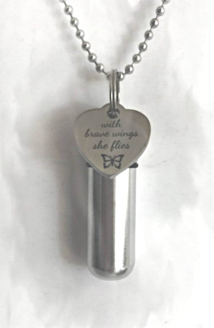 Engraved "With brave wings she flies" (with butterfly) - Cremation Urn Necklace - Hand Crafted - with Velvet Pouch and Fill Kit