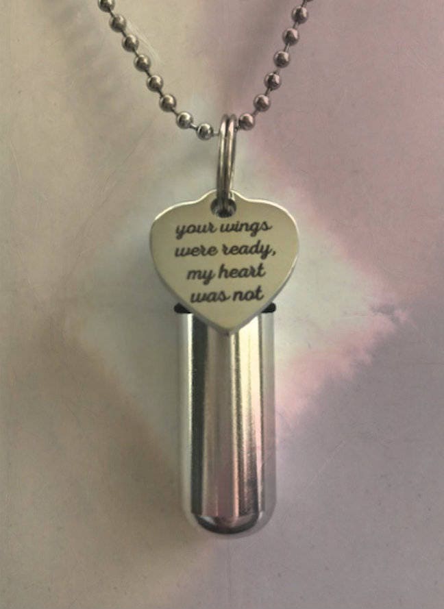 Engraved Stainless Heart "Your wings were ready, my heart was not" - CREMATION URN NECKLACE - Hand Crafted - with Velvet Pouch & Fill Kit