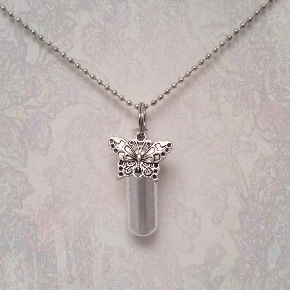 Silver Cremation Urn & Vial on 24" Necklace with BUTTERFLY - Urn Keepsake, Child Urn, Memorial Jewelry, Pet Urn, Personalized Urn, Ashes Urn