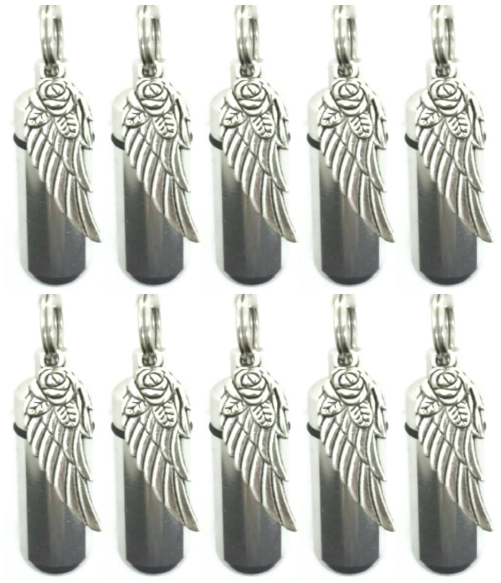 Set of TEN Silver CREMATION URN Necklaces with Silver Angel Wing with Rose - Ashes Necklace, Memorial Keepsake, Mourning Jewelry, Pet Ashes