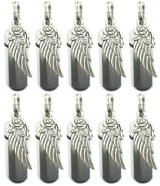 Set of TEN Silver CREMATION URN Necklaces with Silver Angel Wing with Rose - Ashes Necklace, Memorial Keepsake, Mourning Jewelry, Pet Ashes