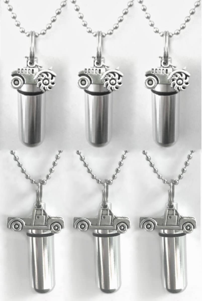 Set of SIX  Cremation Urn Necklaces - Tractors & Pickup Trucks - Urn Keepsakes, Mourning Jewelry, Urn For Human Ashes, Personalized Urn