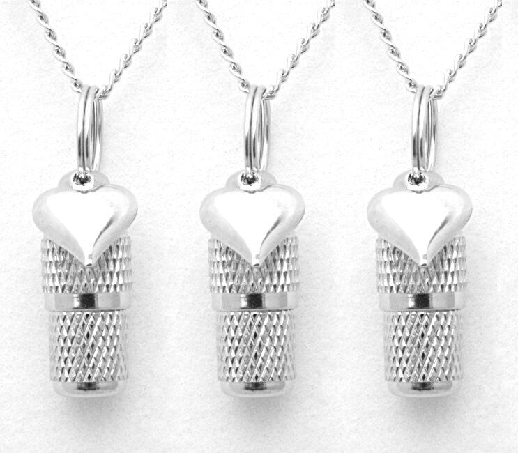 Set of THREE Mini Pet Cremation Urns on Curb Chain Necklaces  with Silver Heart - Hand Assembled -  With Velvet Pouches and Fill Kit
