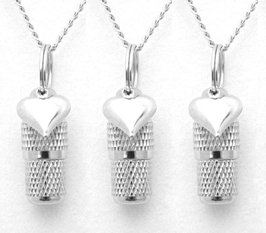 Set of THREE Mini Pet Cremation Urns on Curb Chain Necklaces  with Silver Heart - Hand Assembled -  With Velvet Pouches and Fill Kit