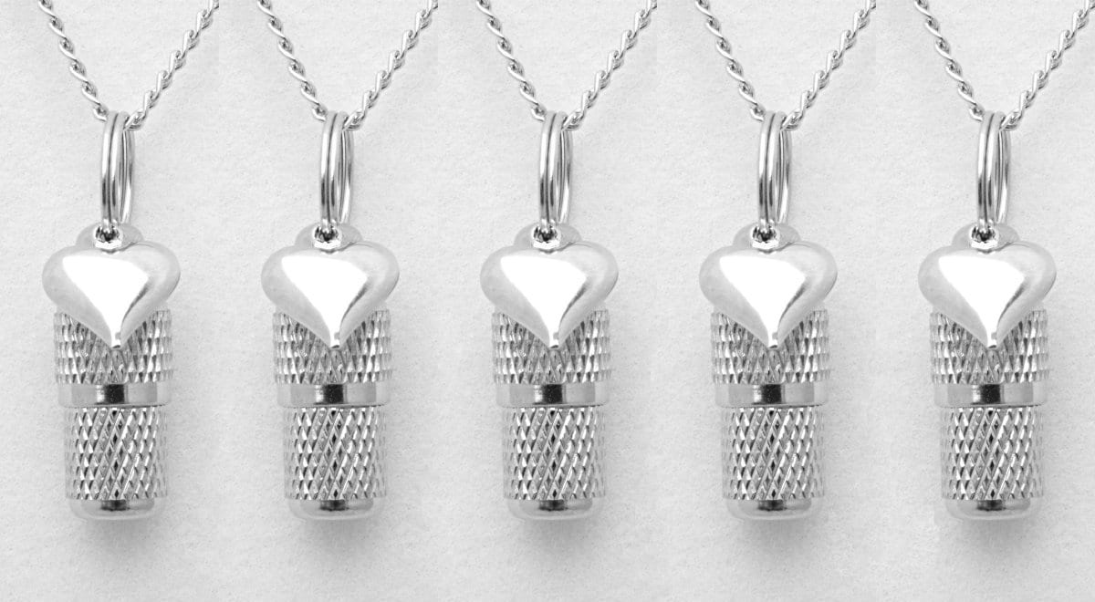 Beautiful Faceted Set of FIVE Mini Cremation Urns on Curb Chain Necklaces w/Silver Hearts - Hand Assembled with 5 Velvet Pouches & Fill Kit