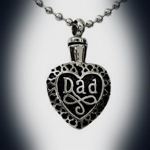 Stainless Steel - Silver on Black "DAD" Cremation Urn on 24" Ball-Chain Necklace - with Velvet Pouch & Fill Kit