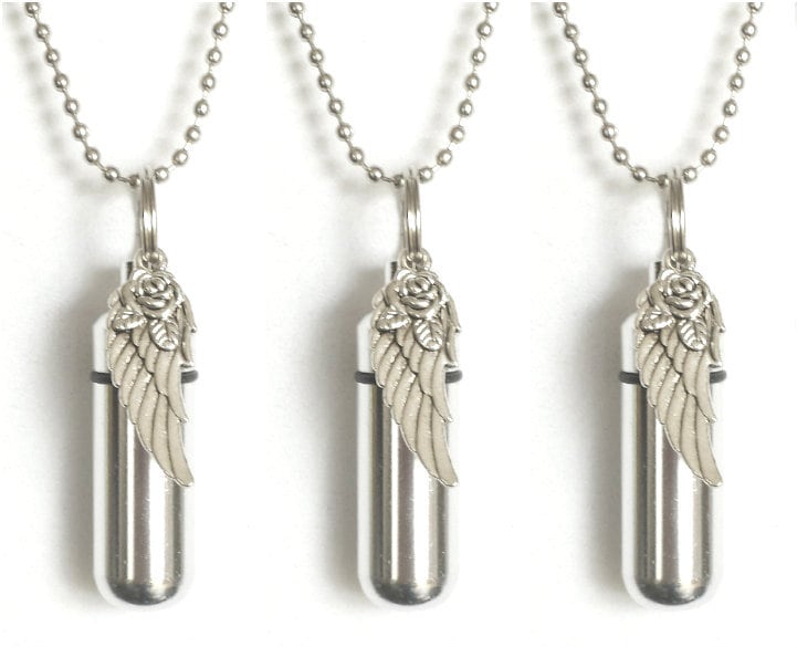 Set of THREE Silver "Wing with Rose" Anointing Oil Holders Includes 3 Velvet Pouches, 3 Ball Chain Necklaces