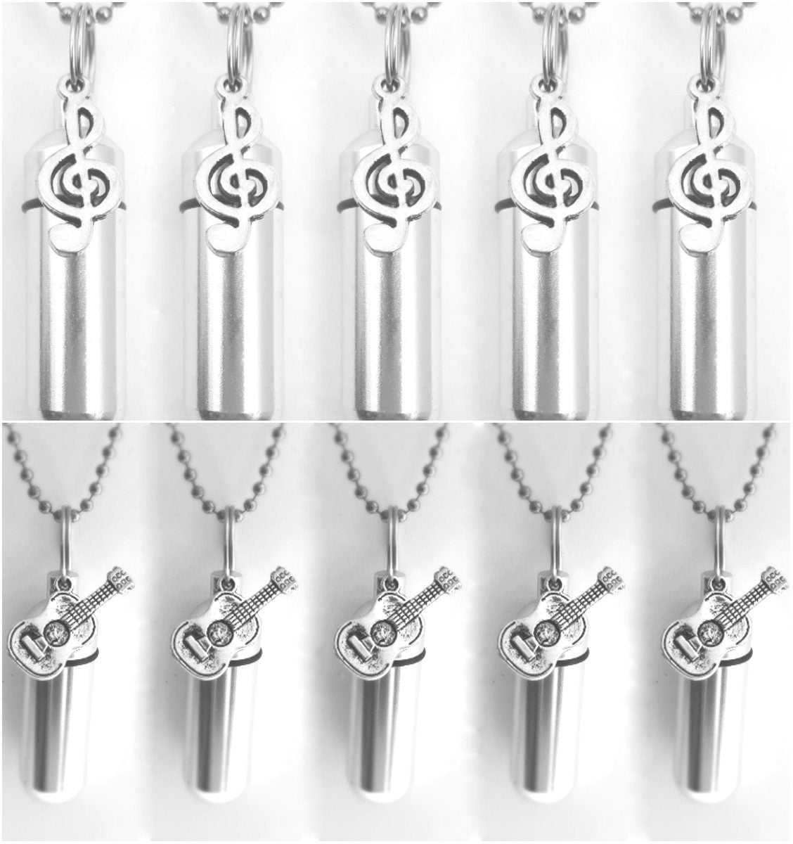 Musical Set of TEN CREMATION URNS with (5) Treble Clefs and (5) Classical Guitars - Ashes Necklace, Memorial Jewelry, Mourning Jewelry