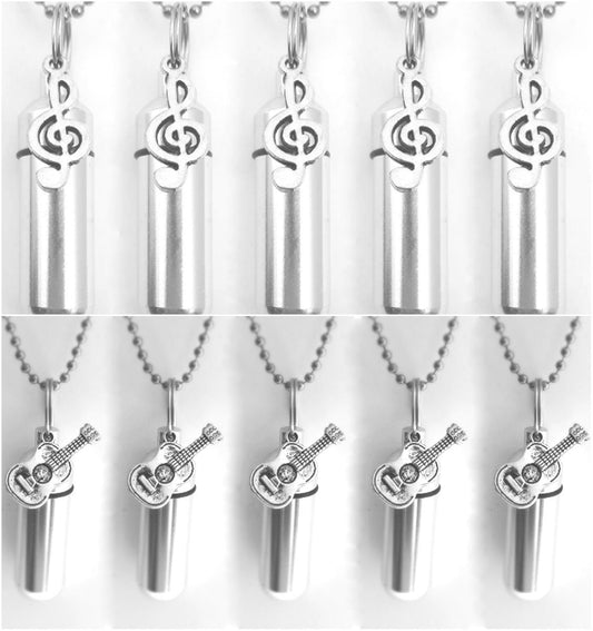 Musical Set of TEN CREMATION URNS with (5) Treble Clefs and (5) Classical Guitars - Ashes Necklace, Memorial Jewelry, Mourning Jewelry