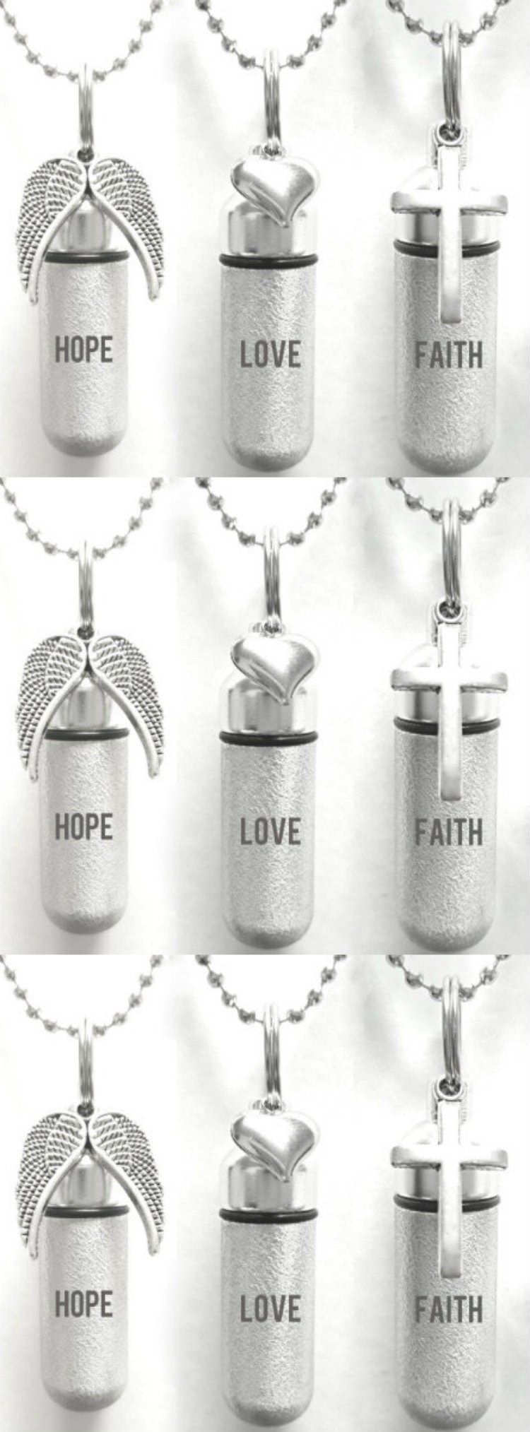Set of NINE Engraved Hope/Love/Faith Brushed Silver Cremation URNS - with Wings, Hearts, Crosses - Includes 24" Ball Chains & Velvet Pouches