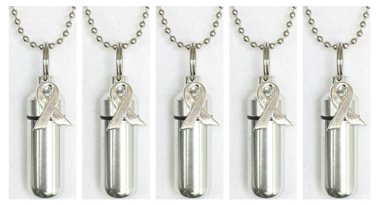 Set Of FIVE Silver Cancer Awareness CREMATION URN Necklaces - Memorial Keepsake, Urn For Human Ashes, Urn Keepsake, Ashes Jewelry, Pet Urn