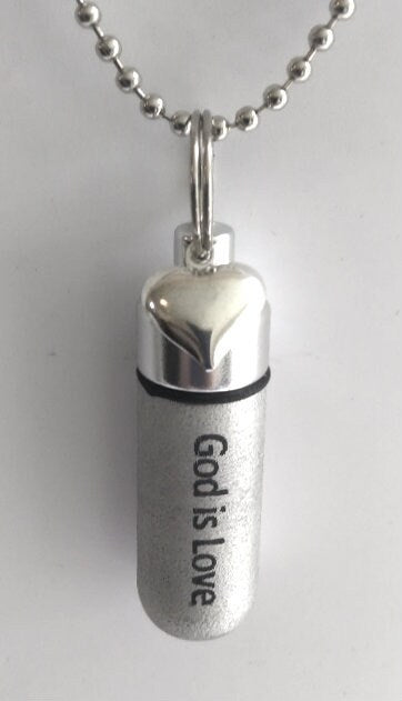 Set of TEN Brushed Silver "God is Love" Anointing Oil Holders with Hearts - With 10 Pouches, 10 Ball Chain Necklaces, & 10 Dropper .s