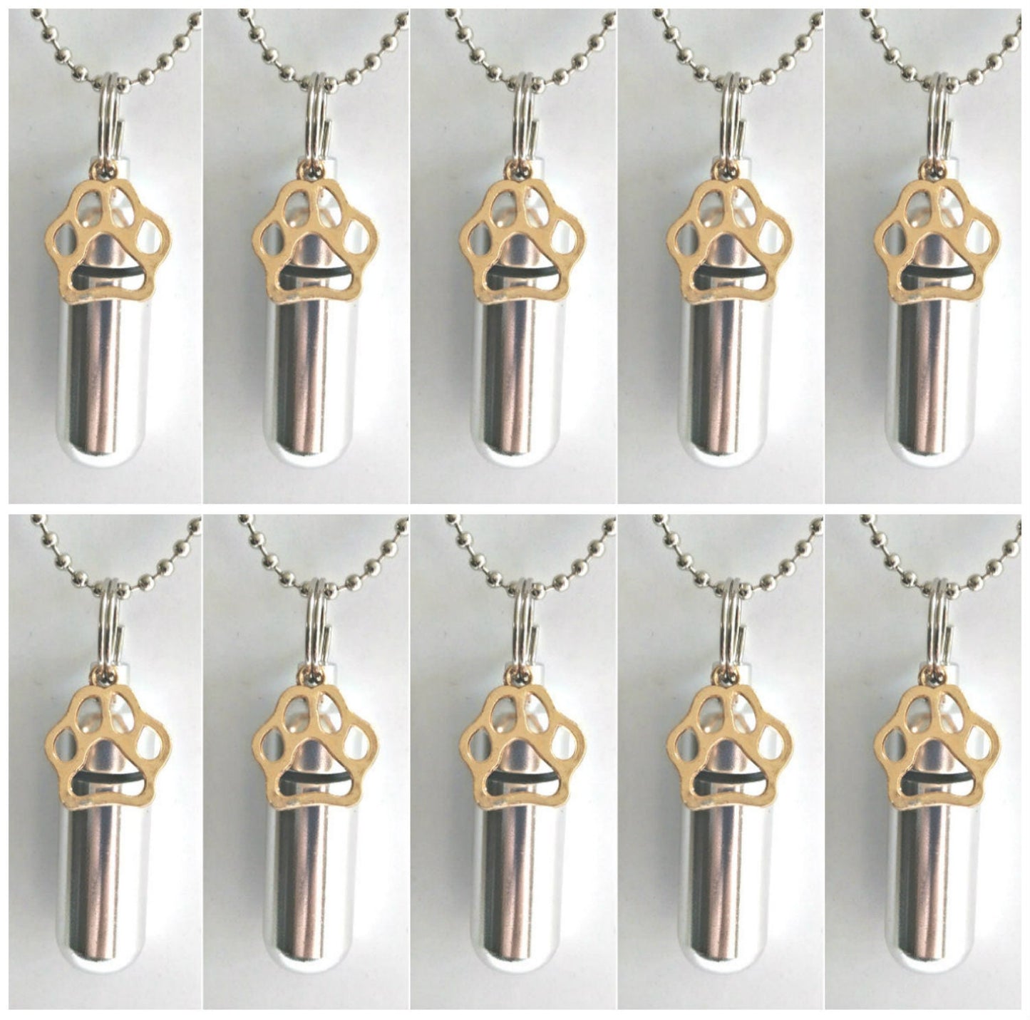 Set of 10 Gold Pet Paw 0n Silver CREMATION URN NECKLACES /  Ashes Necklace, Memorial Jewelry, Mourning Jewelry, Pet Ashes, Personalized