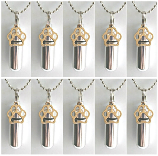 Set of 10 Gold Pet Paw 0n Silver CREMATION URN NECKLACES /  Ashes Necklace, Memorial Jewelry, Mourning Jewelry, Pet Ashes, Personalized