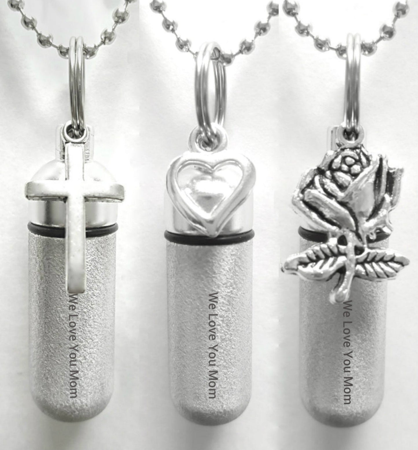 Three Engraved CREMATION URN NECKLACES "We Love You Mom" Brushed Silver with Rose, Open Heart & Simple Cross - Memorial Keepsake, Urn Set