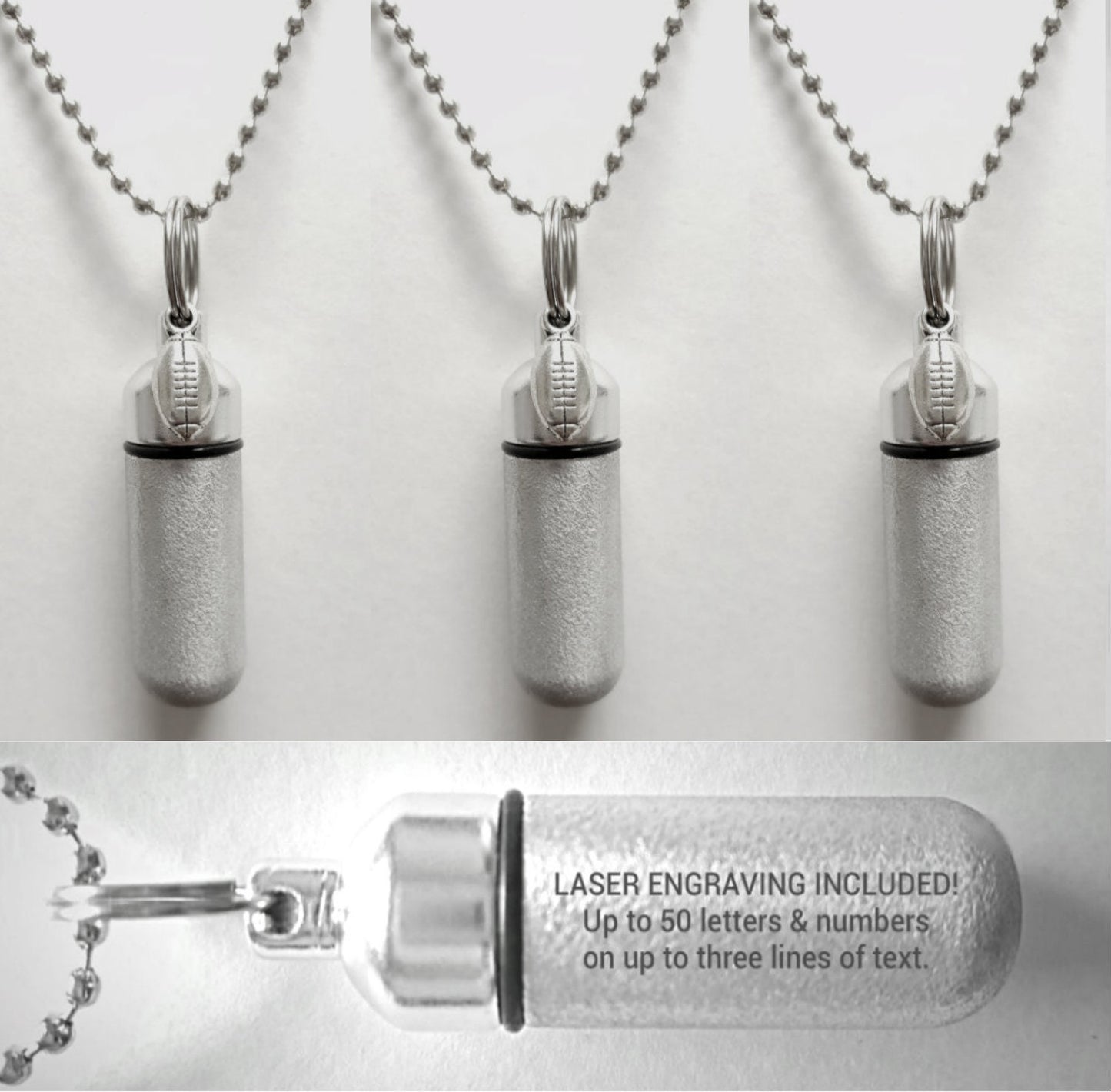 Set of Three Brushed Silver CUSTOM ENGRAVED Football Cremation Urn Necklaces - Urn Jewelry, Ashes Necklace, Urn For Human Ashes, Pet Urn