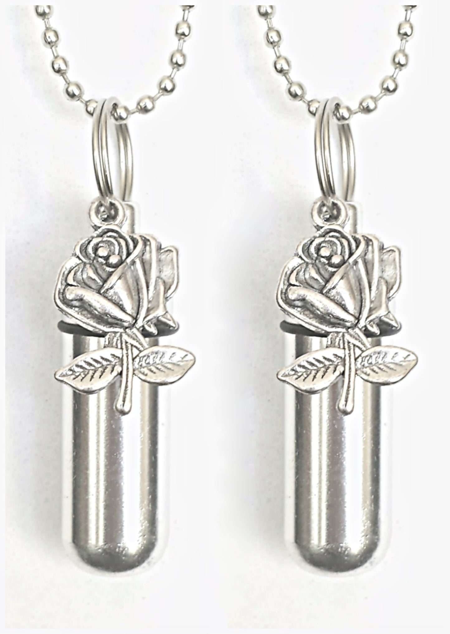 TWO Beautiful Silver Roses CREMATION URN Necklaces, Includes Two Velvet Pouches, Two 24" Ball Chains, & Fill Kit, Memorial Keepsake