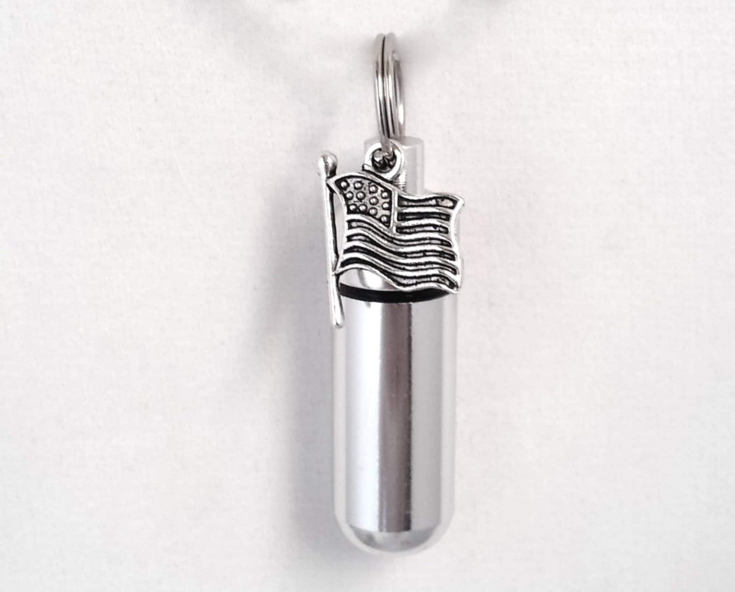 Silver Cremation Urn Keepsake with Silver AMERICAN FLAG - with Velvet Pouch and Fill Kit